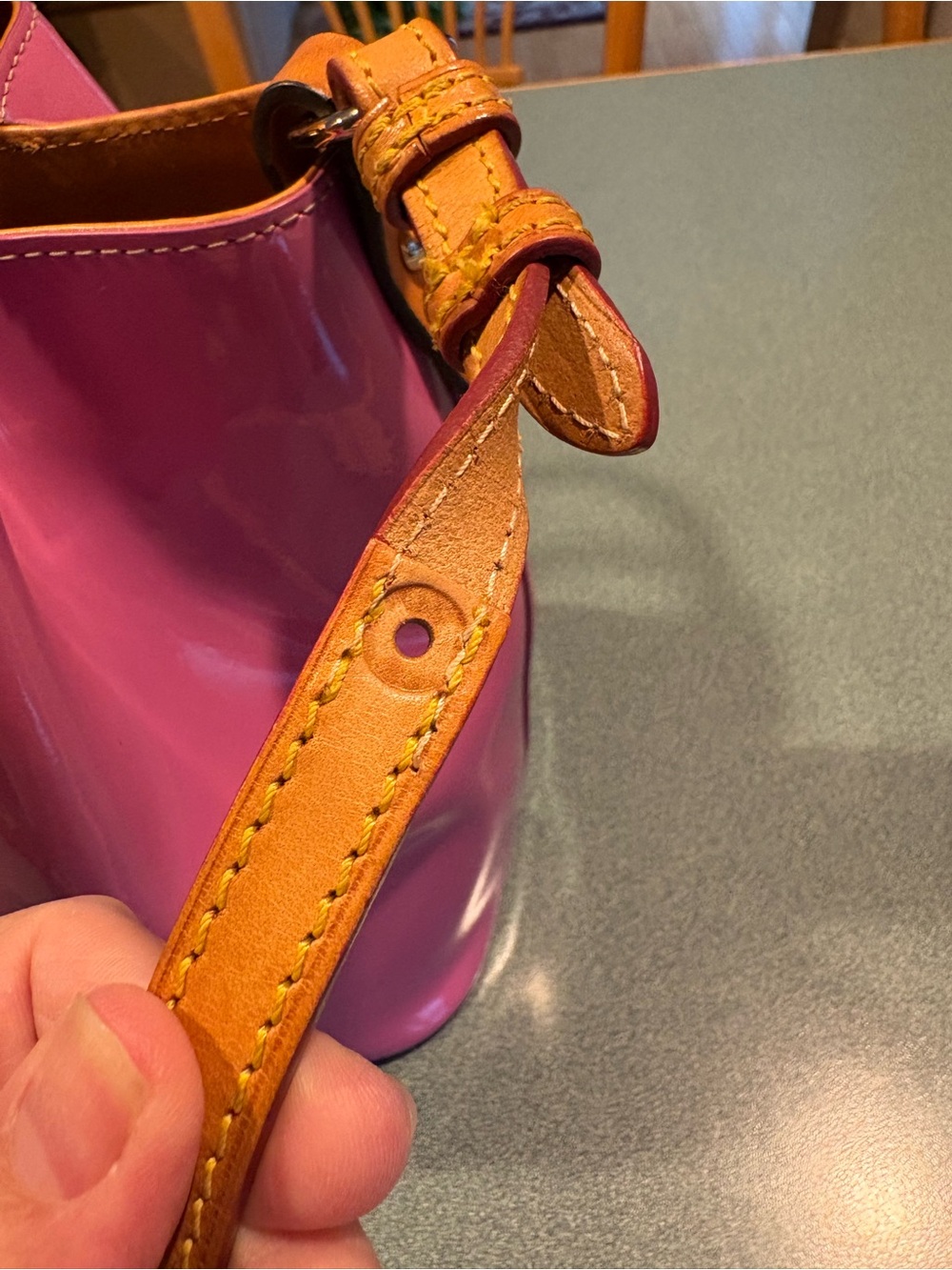 Dooney & Bourke Hot Pink Patent Satchel with Tan Trim - Picture 4 of 13